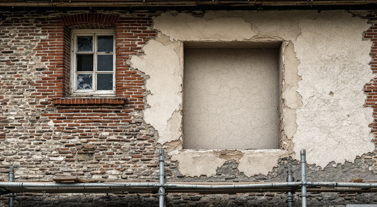 Façade de silex et brique partiellement décapée, avec une fenêtre de sondage ouverte dans l'enduit