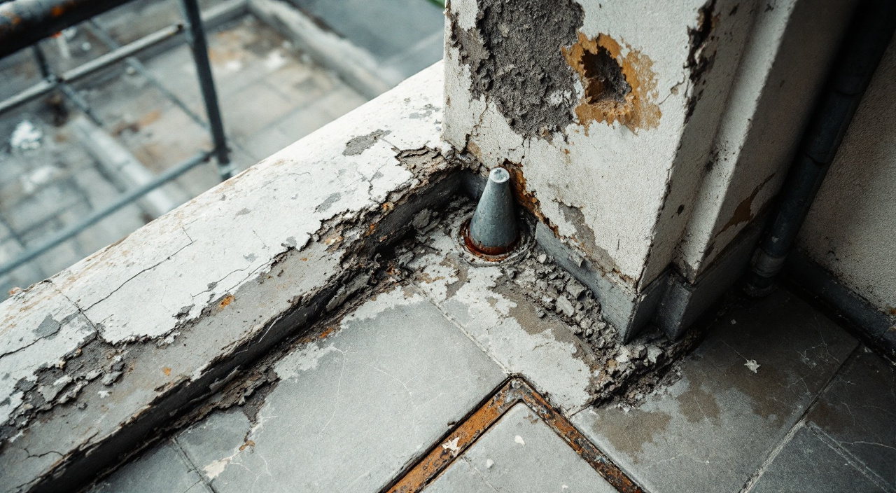 Nez de dalle d'un balcon en béton avec un éclat laissant apparaître une armature rouillée, carrelage fissuré et pied de garde-corps scellé.