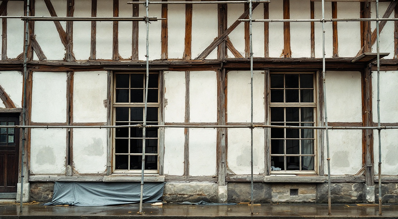 Façade à pans de bois sous échafaudage, poteaux de chêne greffés et panneaux de remplissage fraîchement posés