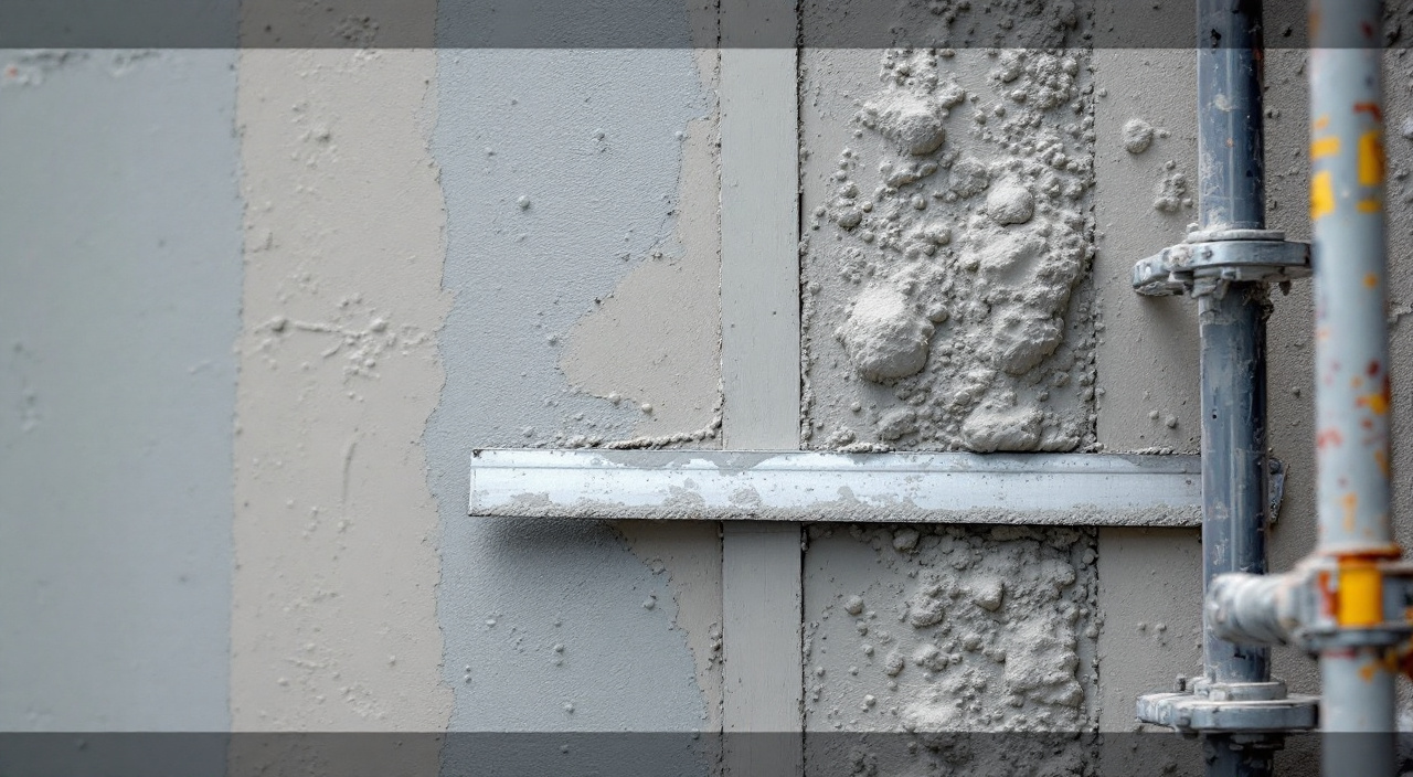Bandes de guidage et plots de mortier sur une façade en cours d'enduisage, avec une règle en appui