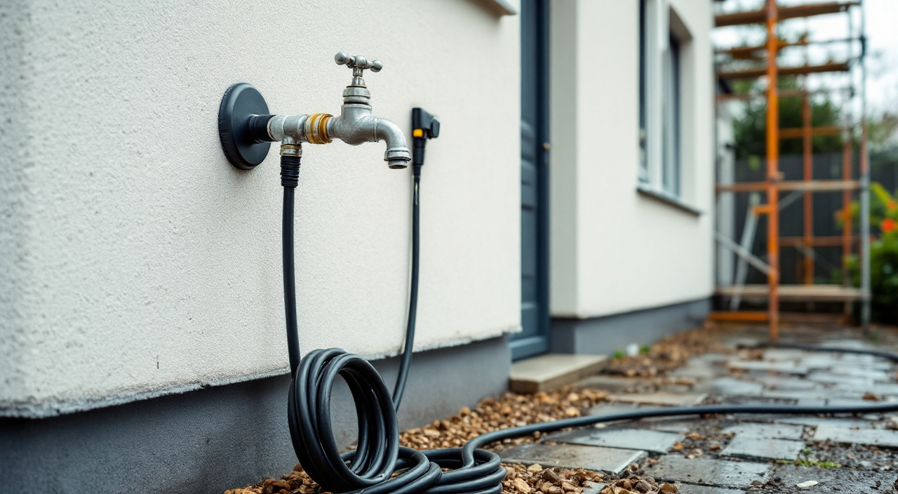 Robinet extérieur d'une maison avec tuyau de nettoyeur raccordé et rallonge électrique le long du mur, au pied d'un échafaudage