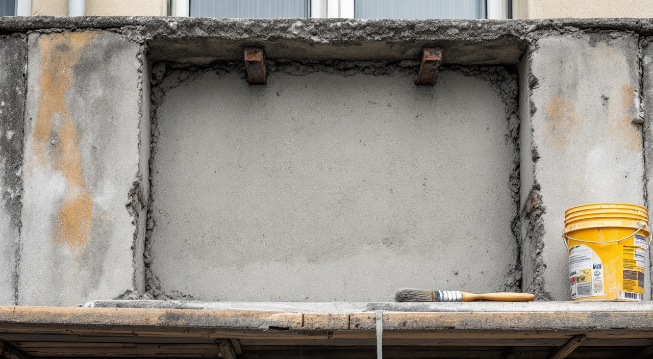 Sous-face de balcon en béton, zone dégarnie au burin, armatures mises à nu et enduites de passivant gris