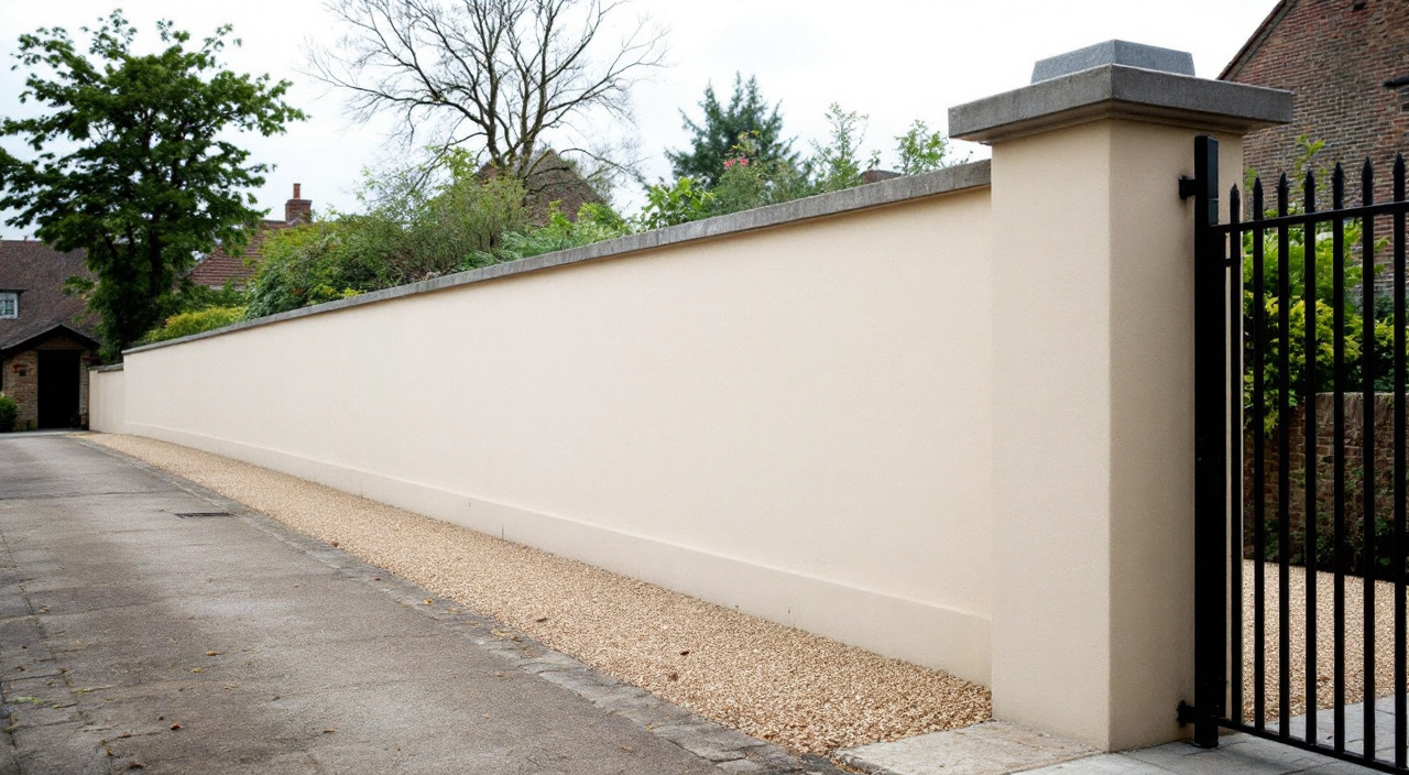 Mur de clôture enduit à la chaux, chaperon en pente débordant et arrêt d'enduit au-dessus d'une bande de gravier