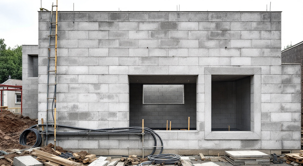 Mur en blocs béton neufs prêt à enduire, joints arasés et baguettes d'angle posées