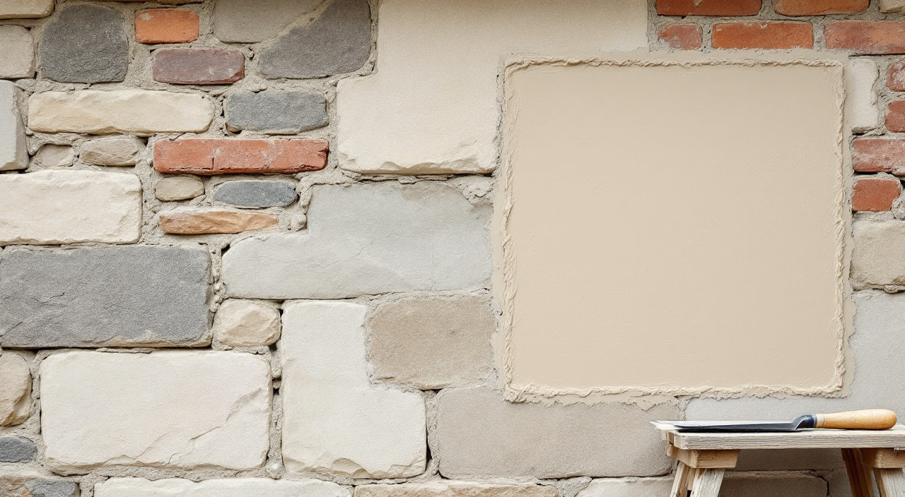 Mur ancien mêlant calcaire, silex et brique, avec un carré d'enduit à la chaux frais appliqué en surface témoin.