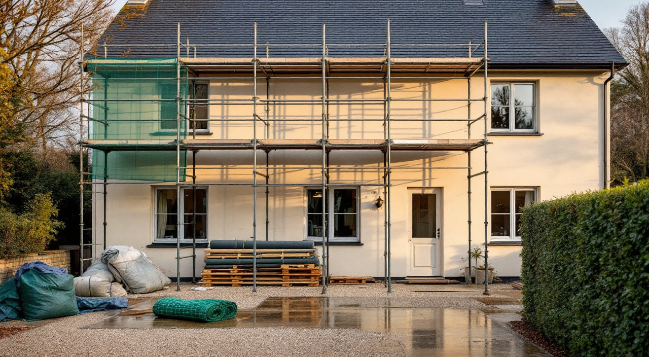 Facade fraichement enduite avec un echafaudage a moitie demonte, tubes empiles au sol et big-bag de gravats