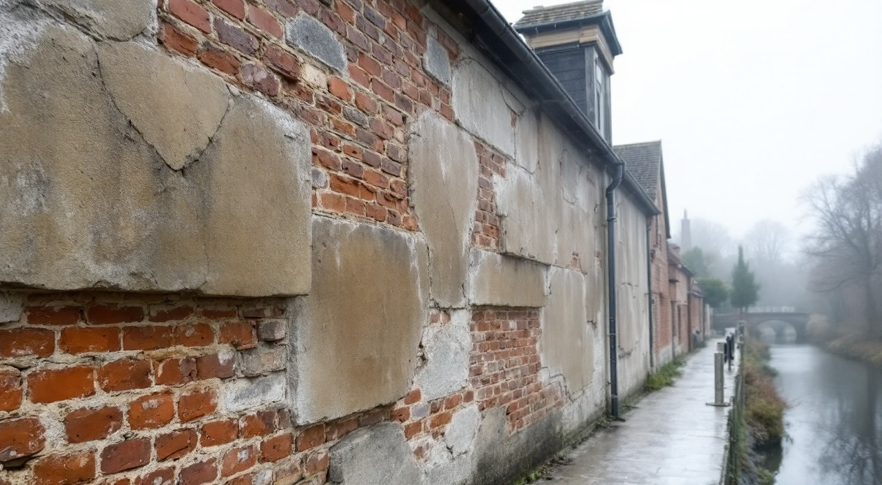 Mur de brique et de silex fraîchement lavé, encore sombre d'humidité en partie basse, sous un échafaudage bâché.