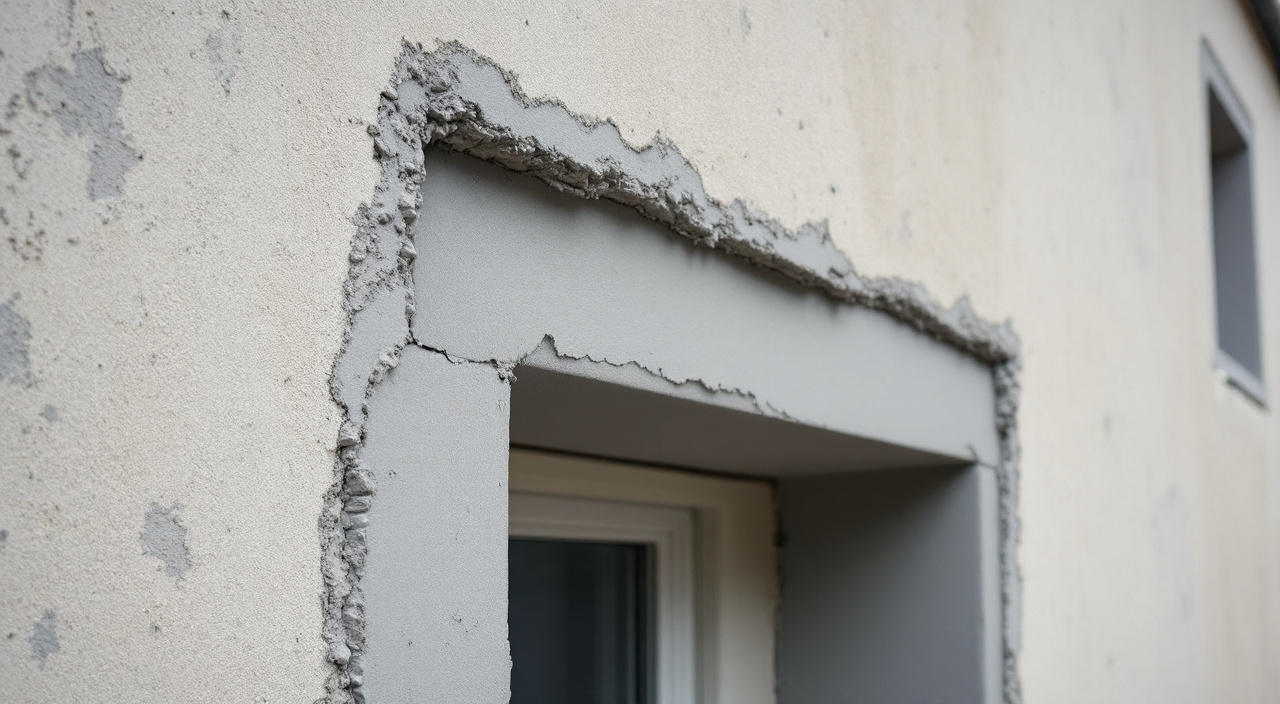 Tranche d'enduit visible au droit d'un tableau de fenêtre, laissant voir les couches successives