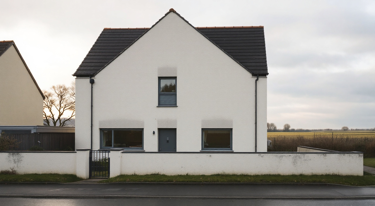 Pavillon d'un lotissement récent, enduit clair marqué de coulures sous les appuis de fenêtre