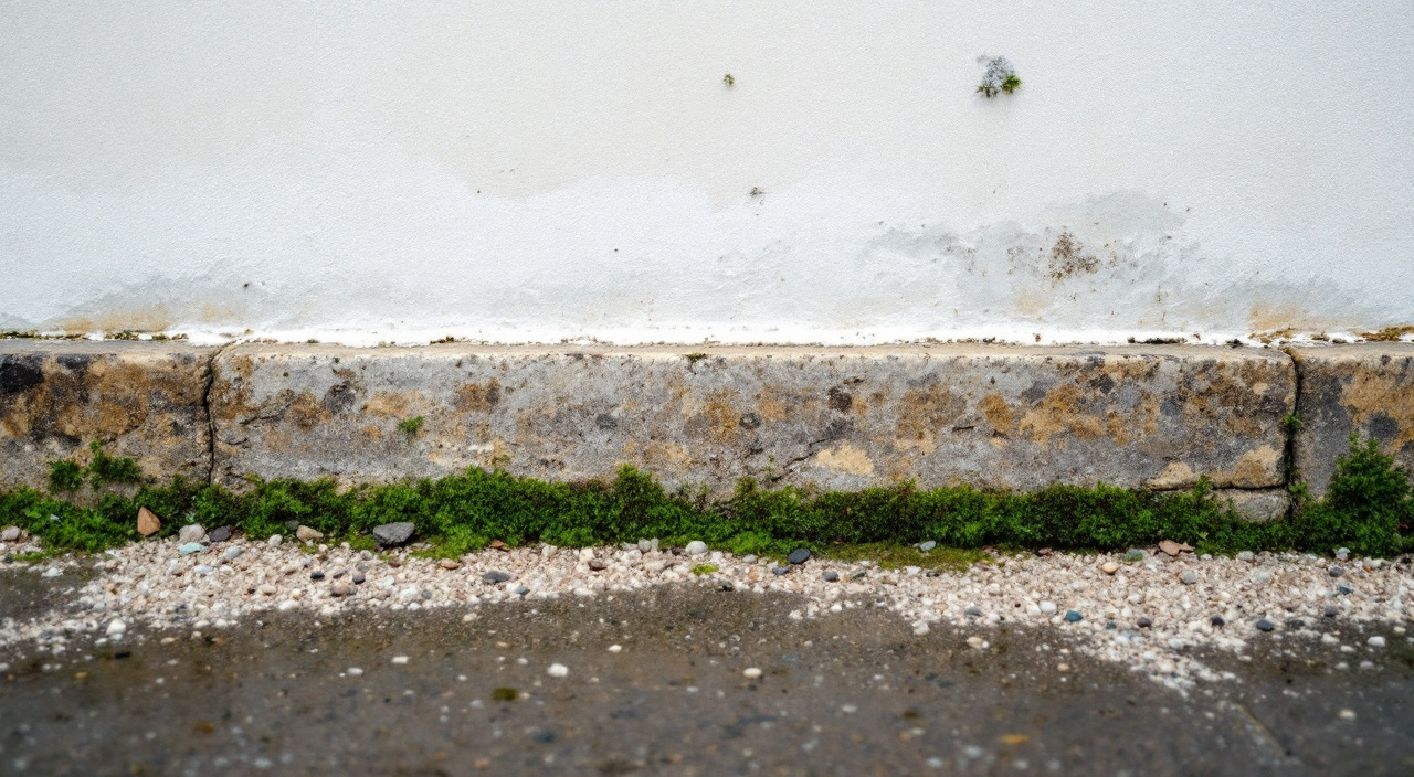 Pied d'un vieux mur enduit marqué par une bande d'humidité horizontale, des efflorescences blanches sous la peinture cloquée et de la mousse verte au ras du gravier