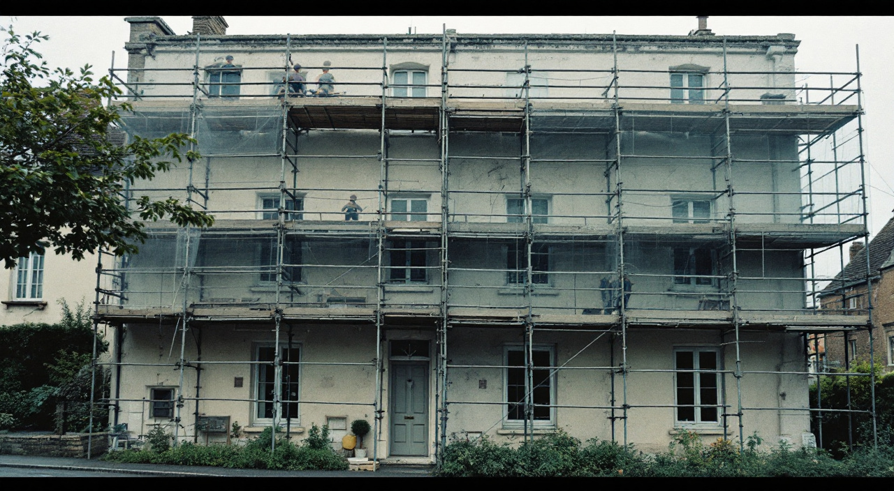 Échafaudage monté contre la façade d'un pavillon