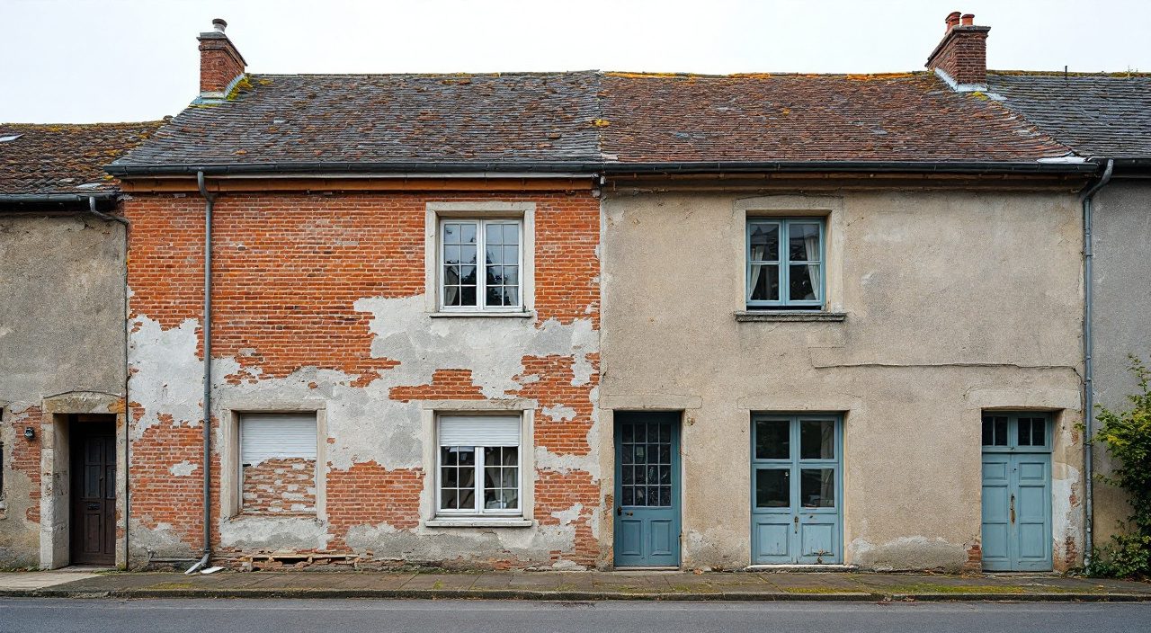 Façade en cours de dégarnissage, maçonnerie apparente