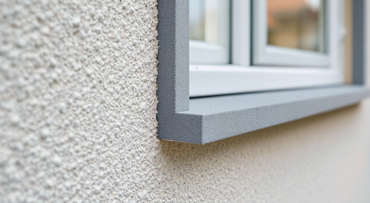 Gros plan du raccord vertical entre un enduit de façade et le dormant d'une fenêtre, avec fond de joint et cordon de mastic lissé.