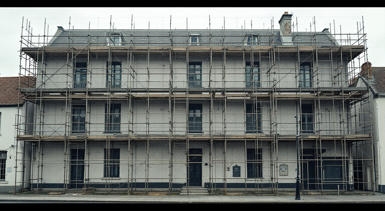Immeuble entièrement échafaudé, filet de protection en place