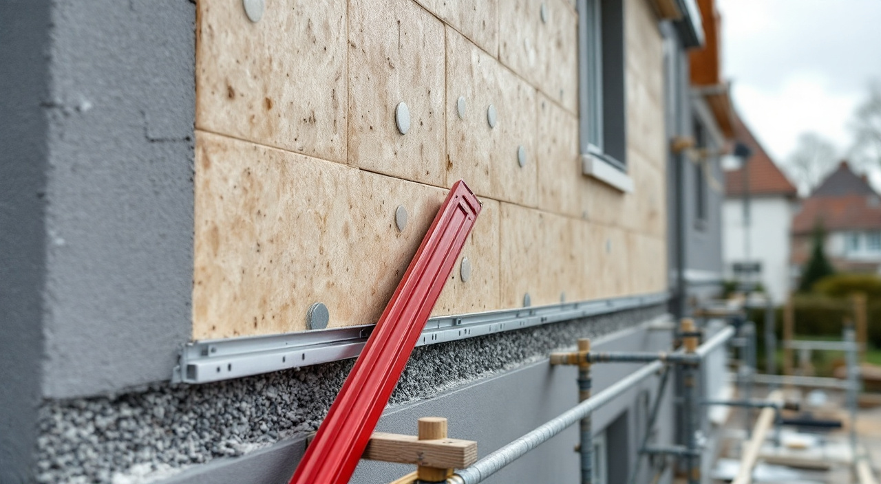 Panneaux d'isolant en cours de pose sur une façade, un panneau retourné laissant voir les plots de colle et le boudin périphérique
