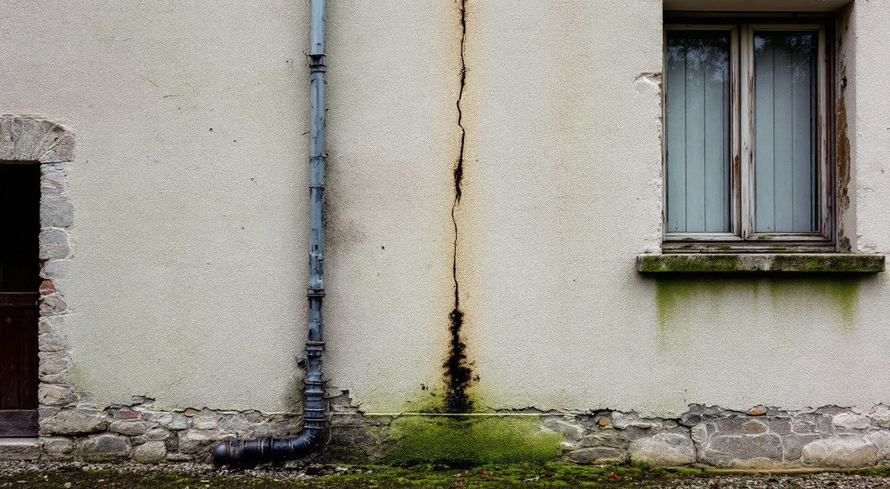 Façade de maison normande enduite, marquée de coulures sombres sous une descente d'eau pluviale fissurée et de mousses vertes en pied de mur.