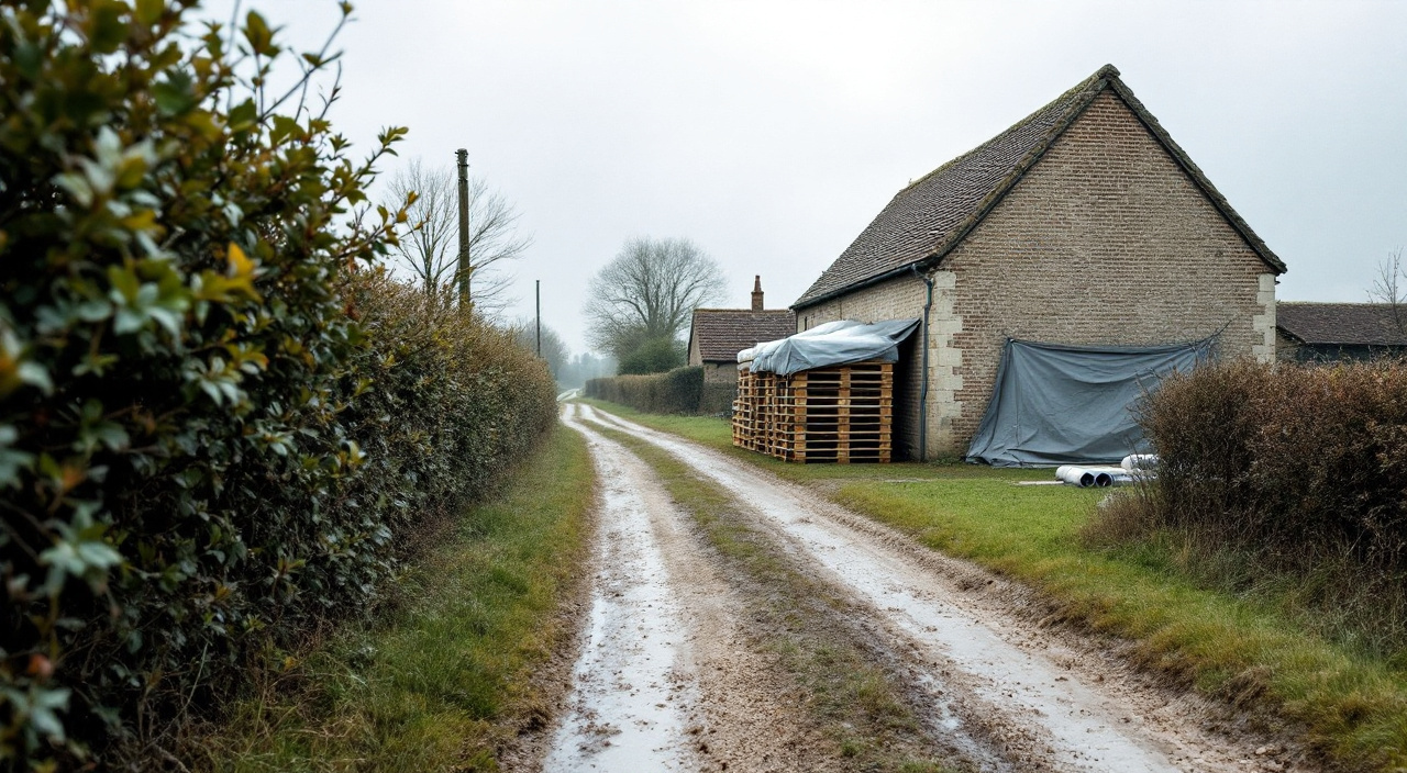Chemin de terre étroit menant à une longère normande isolée, avec palettes de sacs d'enduit bâchées et tubes d'échafaudage posés au sol