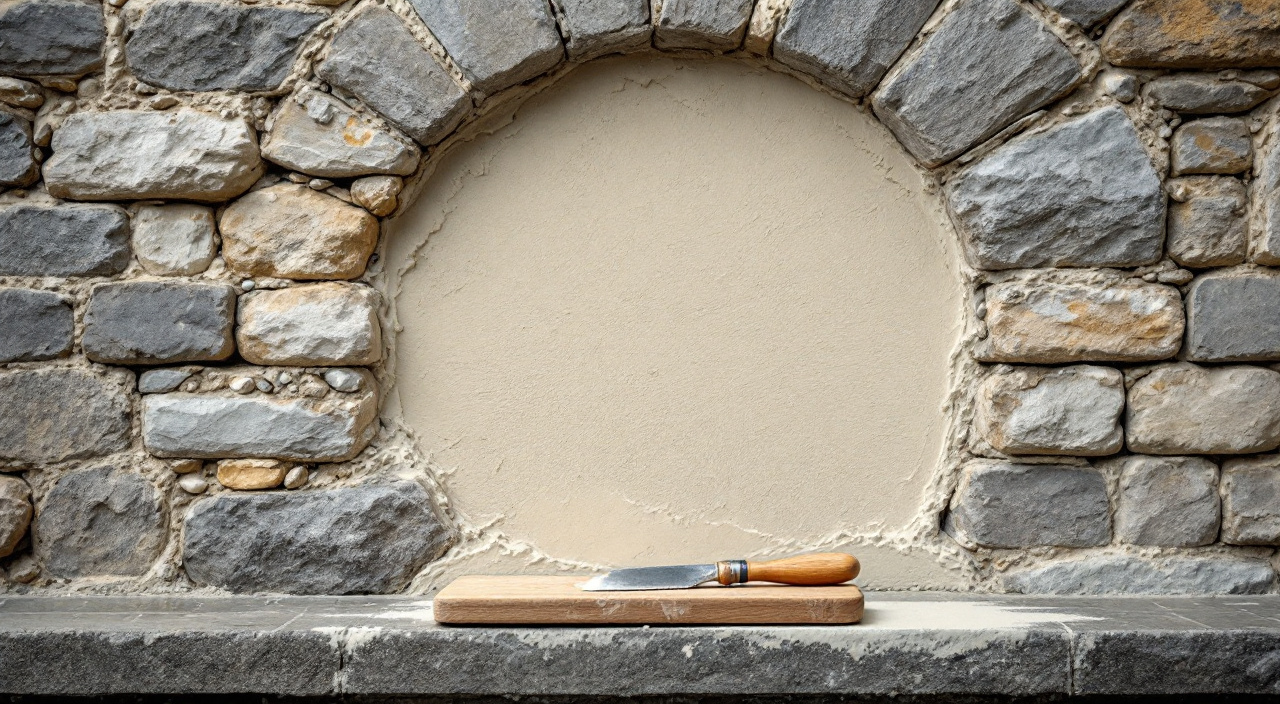 Mur ancien en calcaire et silex à moitié rejointoyé au mortier de chaux, planche et fer à joints posés sur l'appui