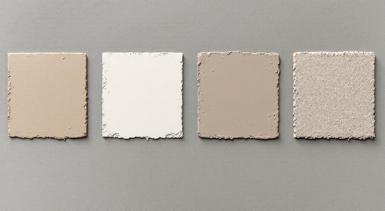 Quatre carrés d'enduit de teintes et de grains différents appliqués côte à côte sur un mur gris nu