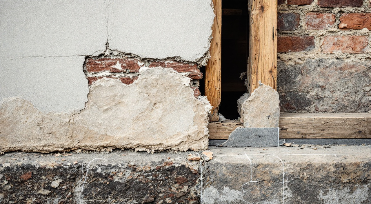 Façade ancienne où se rejoignent grison, brique de remplissage et pan de bois sous un enduit à la chaux partiellement déposé